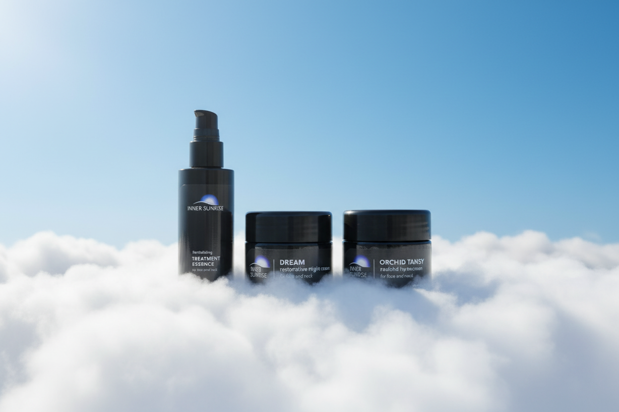 Treatment Essence, Dream, and Orchid Blue Tansy grouped together on clouds